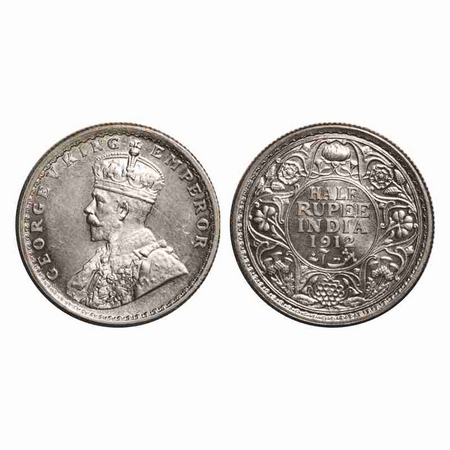 George V, Silver, Half Rupee, 1912, Bombay Mint, Dot, Re-Drawn Elephant. F. Prid 336. GK 1