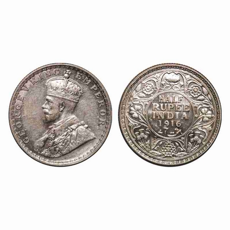 George V, Silver, Half Rupee, 1916, Bombay Mint, Dot. F. Prid 340. GK 1054. Uncirculated. 