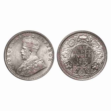 George V, Silver, Half Rupee, 1917, Bombay Mint, Dot. F. Prid 341. GK 1055. Brilliant Unci