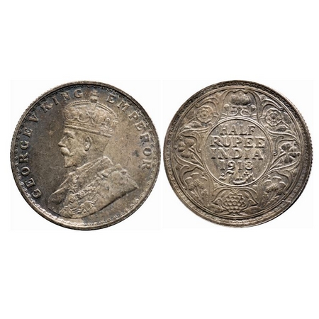 George V, Silver, Half Rupee, 1918, Bombay Mint, Dot. F. Prid 342. GK 1056. Uncirculated, 