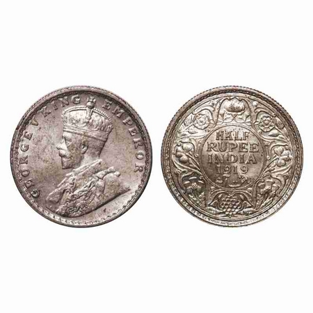 George V, Silver, Half Rupee, 1919, Bombay Mint, Dot. F. Prid 343. GK 1057. About Uncircul