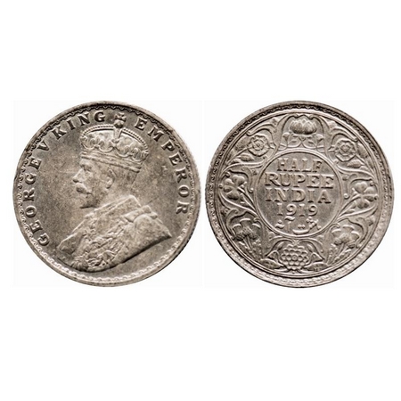 George V, Silver, Half Rupee, 1919, Bombay Mint, Dot, Ghost on Rev. F. Prid 343. GK 1057.