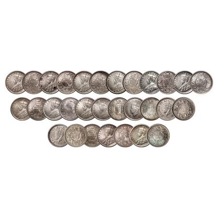 George V & George VI, Mix Metal, Half Rupee, (Lot of 15 coins), 1) 1922, Silver, Calcutta 