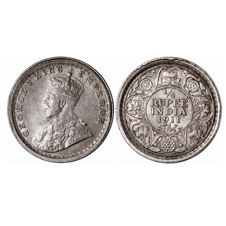 George V, Silver, 1/4 Rupee, 1911, Calcutta Mint, No dot, Pig Type. F. Prid 440. GK 1080. 