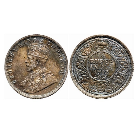 George V, Silver, 1/4 Rupee, 1912, Calcutta Mint, No dot, Re-Drawn Elephant. F. Prid 441. 