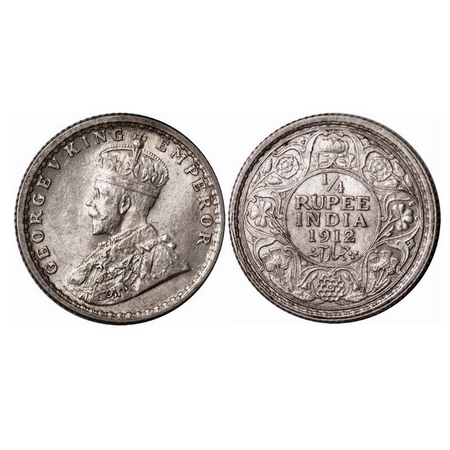 George V, Silver, 1/4 Rupee, 1912, Calcutta Mint, No dot, Re-Drawn Elephant. F. Prid 441.