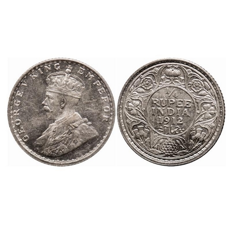 George V, Silver, 1/4 Rupee, 1912, Bombay Mint, Dot, Re-Drawn Elephant. F. Prid 454. GK 10