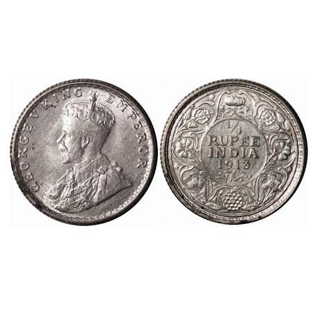George V, Silver, 1/4 Rupee, 1913, Bombay Mint, Dot. F. Prid 455. GK 1084. Almost Uncircul