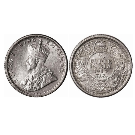 George V, Silver, 1/4 Rupee, 1914, Calcutta Mint, No dot. F. Prid 443. GK 1085. Almost Unc