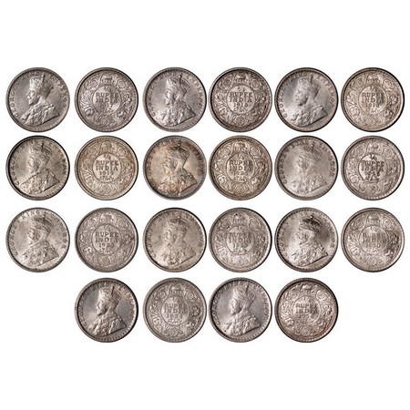 George V, Silver, 1/4 Rupee, (Lot of 11 coins), 1) 1916, Calcutta Mint, No dot, 2) 1917, C