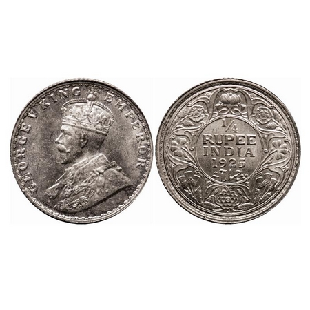 George V, Silver, 1/4 Rupee, 1925, Bombay Mint, Dot, Ghost on Rev, Die crack on Rev. F. Pr