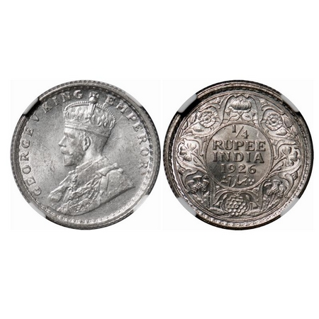 George V, Silver, 1/4 Rupee, 1926, Calcutta Mint, No dot. F. Prid 449. GK 1094. NGC Slabbe