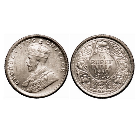 George V, Silver, 1/4 Rupee, 1930, Calcutta Mint, No dot. F. Prid 451. GK 1097. Uncirculat