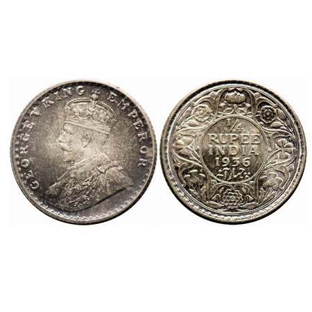 George V, Silver, 1/4 Rupee, 1936, Calcutta Mint, No dot. F. Prid 453. GK 1099. Brilliant