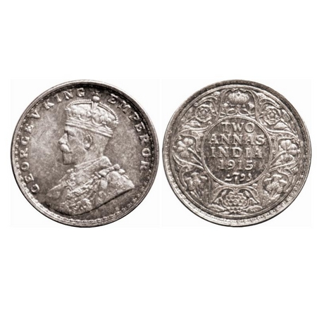 George V, Silver, 2 Annas, 1915, Bombay Mint, Dot. F. Prid 574. GK 1115. Uncirculated, Ton