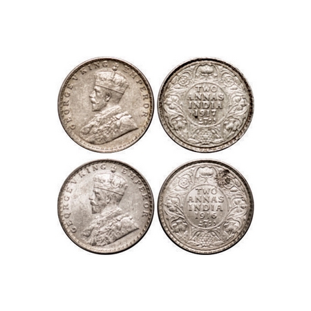George V, Silver, 2 Annas (2 coins), 1916, 1917, Calcutta Mint, No dot. F. Prid 569, 570.