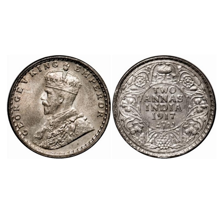 George V, Silver, 2 Annas, 1917, Calcutta Mint, No dot. F. Prid 570. GK 1117. Uncirculated