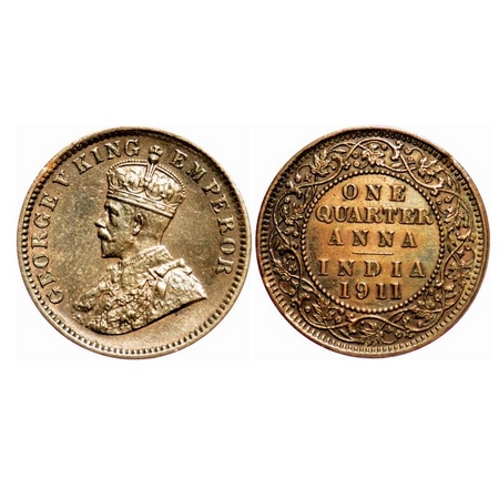 George V, Bronze, Quarter Anna, 1911, Calcutta Mint, No dot, Pig Type. F. Prid 656. F. Pri