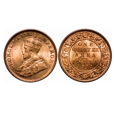 George V, Bronze, Quarter Anna, 1914, Calcutta Mint, No dot. F. Prid 660. GK 1174. Uncircu