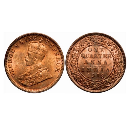 George V, Bronze, Quarter Anna, 1918, Calcutta Mint, No dot. F. Prid 663. GK 1177. Uncircu