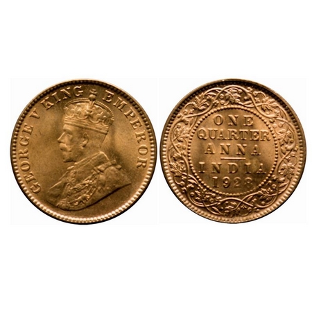 George V, Bronze, Quarter Anna, 1928, Calcutta Mint, No dot. F. Prid 669. GK 1188. Uncircu