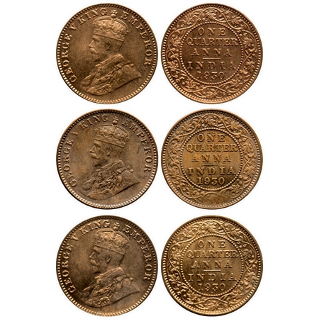 George V, Bronze, Quarter Anna, (3 coins), 1930, 1) Bombay Mint, Dot (small dot), 2) Bomba