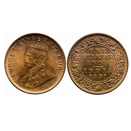 George V, Bronze, Quarter Anna, 1931, Calcutta Mint, No dot, Ghost on Obv and Rev. F. Prid