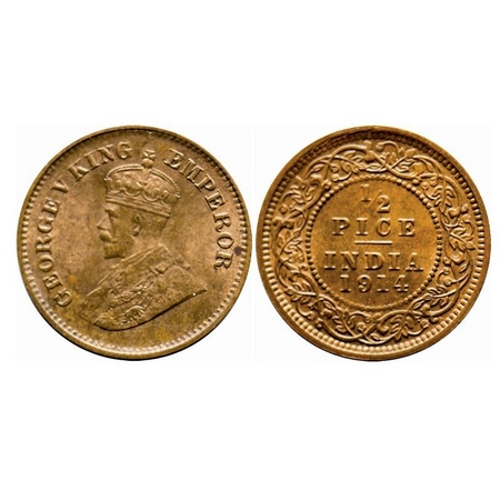 George V, Bronze, 1/2 Pice, 1914, Calcutta Mint, No mint mark, Ghost on Rev. F. Prid 747.