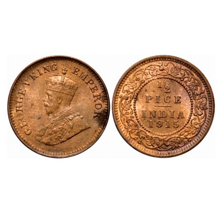 George V, Bronze, 1/2 Pice, 1915, Calcutta Mint, No mint mark. F. Prid 748. GK 1201. About