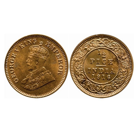 George V, Bronze, 1/2 Pice, 1916, Calcutta Mint, No mint mark. F. Prid 749. GK 1202. Brill