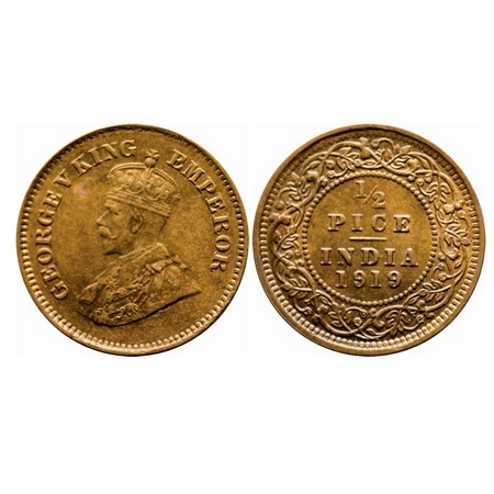 George V, Bronze, 1/2 Pice, 1919, Calcutta Mint, No mint mark, Ghost on Obv. F. Prid 752. 