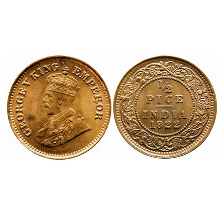 George V, Bronze, 1/2 Pice, 1922, Calcutta Mint, No mint mark. F. Prid 755. GK 1208. Uncir