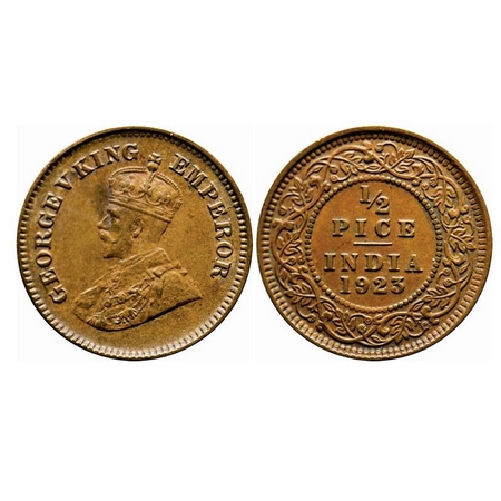 George V, Bronze, 1/2 Pice, 1923, Calcutta Mint, No mint mark, Ghost on Obv and Rev, Lette