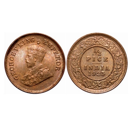 George V, Bronze, 1/2 Pice, 1923, Calcutta Mint, No mint mark. F. Prid 756. GK 1209. Almos
