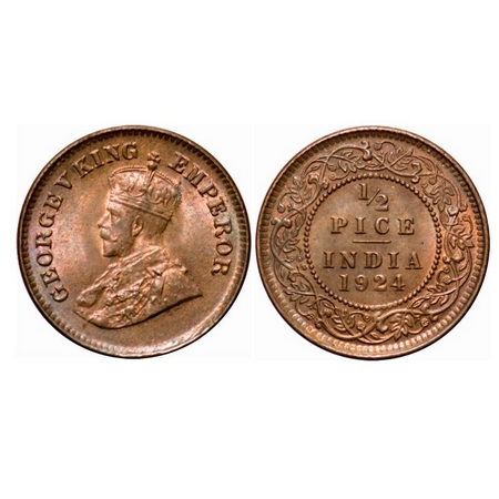George V, Bronze, 1/2 Pice, 1924, Calcutta Mint, No mint mark. F. Prid 757. GK 1210. About