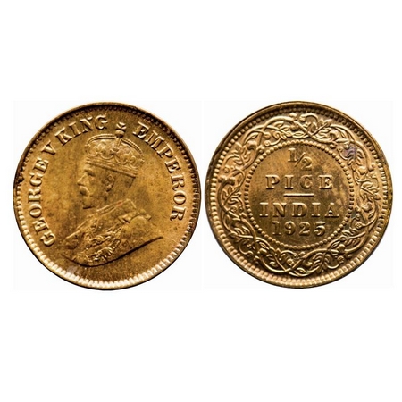 George V, Bronze, 1/2 Pice, 1925, Calcutta Mint, No mint mark, Die crack on Obv. F. Prid 7