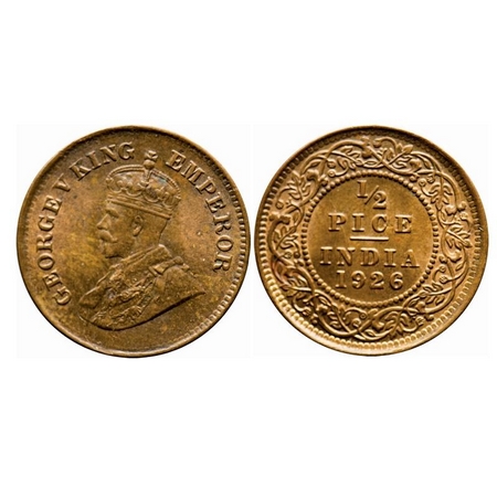 George V, Bronze, 1/2 Pice, 1926, Calcutta Mint, No mint mark, Ghost on Rev. F. Prid 759. 