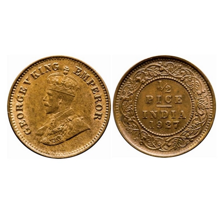 George V, Bronze, 1/2 Pice, 1927, Calcutta Mint, No mint mark. F. Prid 760. GK 1213. Uncir