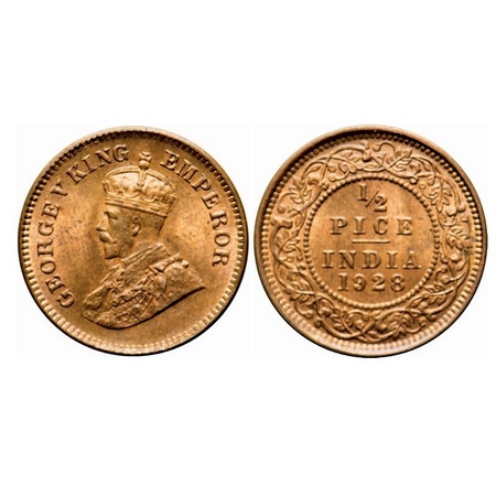 George V, Bronze, 1/2 Pice, 1928, Calcutta Mint, No mint mark. F. Prid 761. GK 1214. Uncir