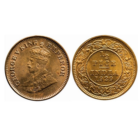 George V, Bronze, 1/2 Pice, 1929, Calcutta Mint, No mint mark, Ghost on Rev, Letter 'P' of