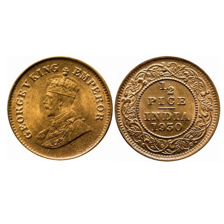 George V, Bronze, 1/2 Pice, 1930, Calcutta Mint, No mint mark, Die crack on Obv. F. Prid 7
