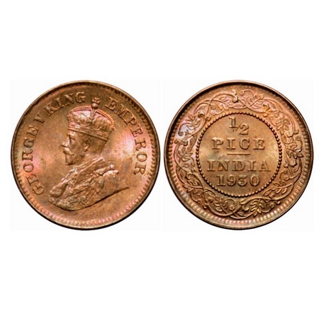 George V, Bronze, 1/2 Pice, 1930, Calcutta Mint, No mint mark. GK 1216. Uncirculated. Scar
