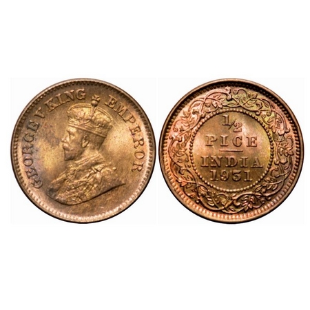 George V, Bronze, 1/2 Pice, 1931, Calcutta Mint, No mint mark. F. Prid 764. GK 1217. Uncir