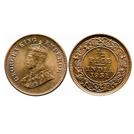 George V, Bronze, 1/2 Pice, 1931, Calcutta Mint, No mint mark, Ghost on Rev, Letter 'P' of