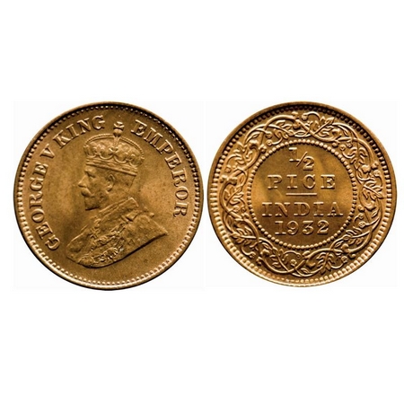 George V, Bronze, 1/2 Pice, 1932, Calcutta Mint, No mint mark, Ghost on Rev. F. Prid 765.