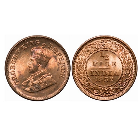 George V, Bronze, 1/2 Pice, 1932, Calcutta Mint, No mint mark. F. Prid 765. GK 1218. Uncir