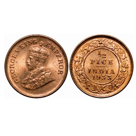 George V, Bronze, 1/2 Pice, 1933, Calcutta Mint, No mint mark. F. Prid 766. GK 1219. Uncir