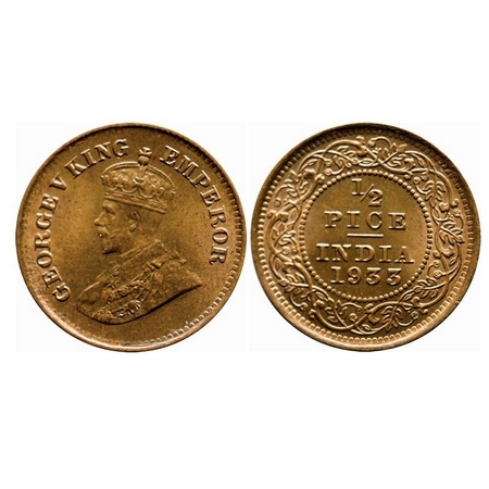 George V, Bronze, 1/2 Pice, 1933, Calcutta Mint, No mint mark. F. Prid 766. GK 1219. Brill