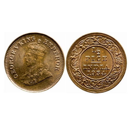 George V, Bronze, 1/2 Pice, 1934, Calcutta Mint, No mint mark, Ghost on Rev. F. Prid 767.