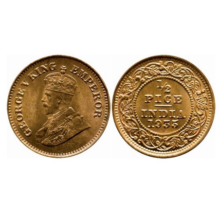 George V, Bronze, 1/2 Pice, 1935, Calcutta Mint, No mint mark, Multiple die cracks on Rev.